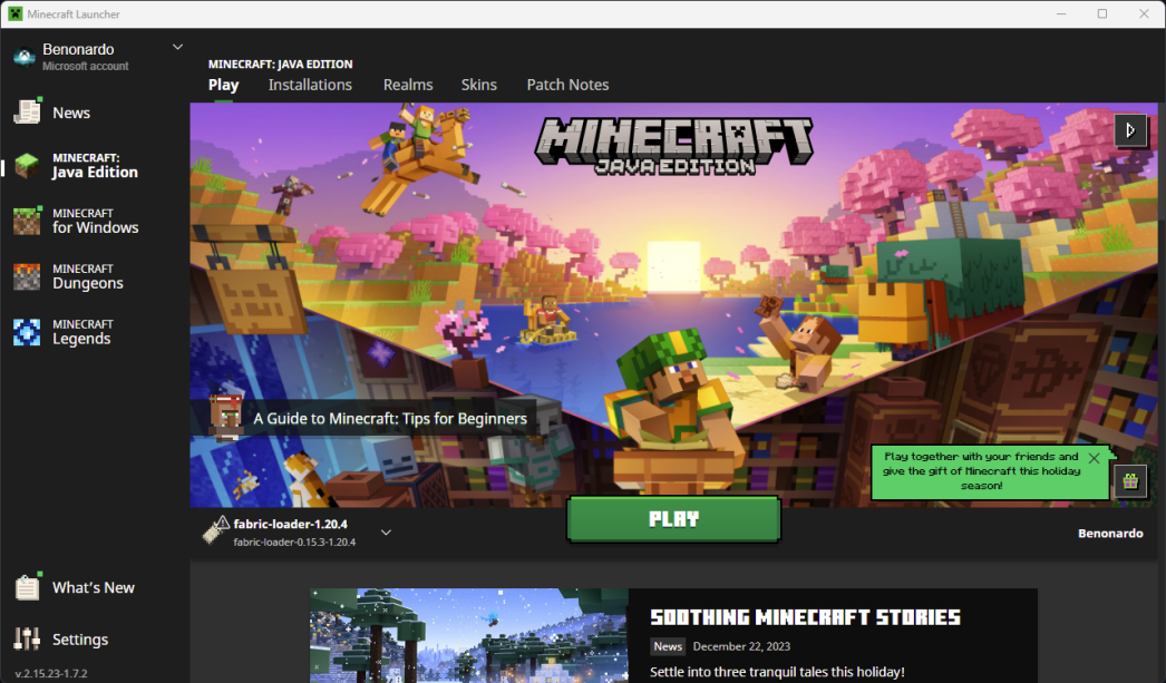 Trình Launcher Minecraft với hồ sơ Fabric được chọn