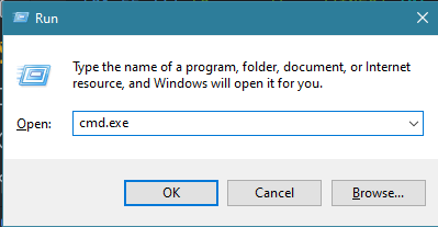 Windows Run Dialog with "cmd.exe" in the run bar