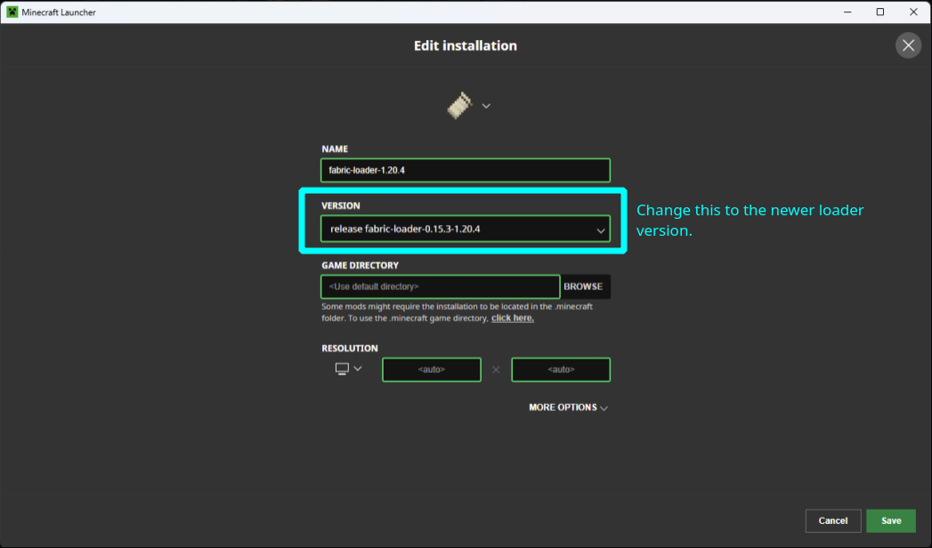 Aktualisieren der Fabric-Loader-Version im Minecraft-Launcher